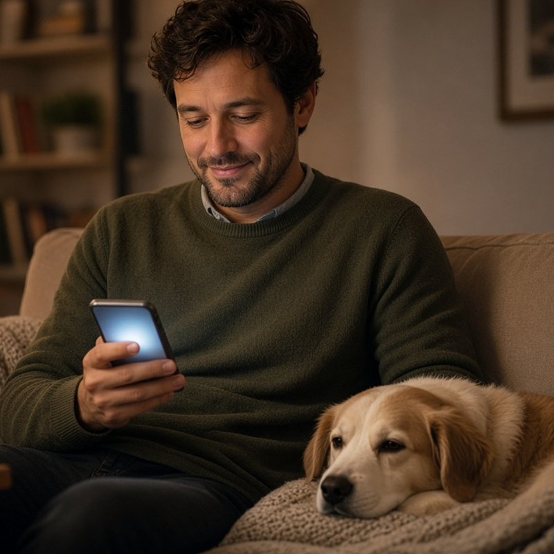 Warm evening on the couch with a dog and soft phone glow — AI companionship with guardrails