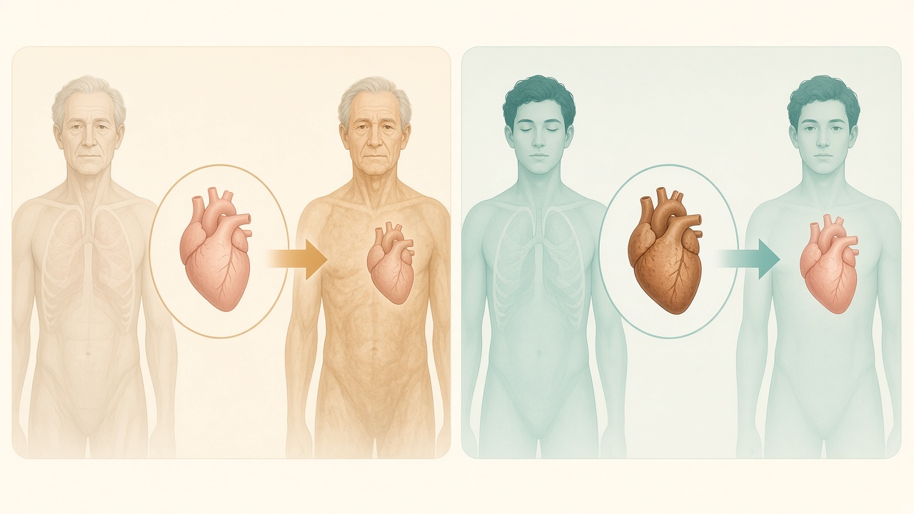 Transplant diagram: heart age follows the host body